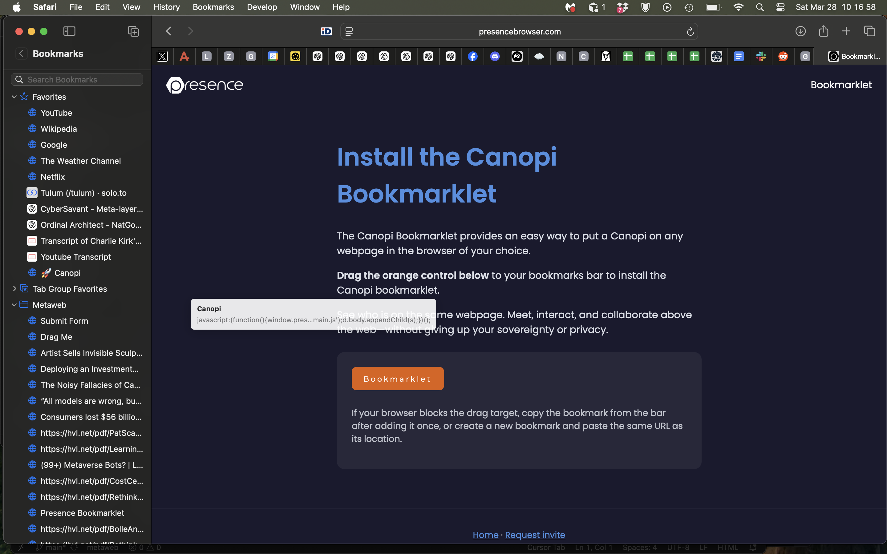Safari bookmarks window: drag the Canopi Bookmarklet into the bookmarks list